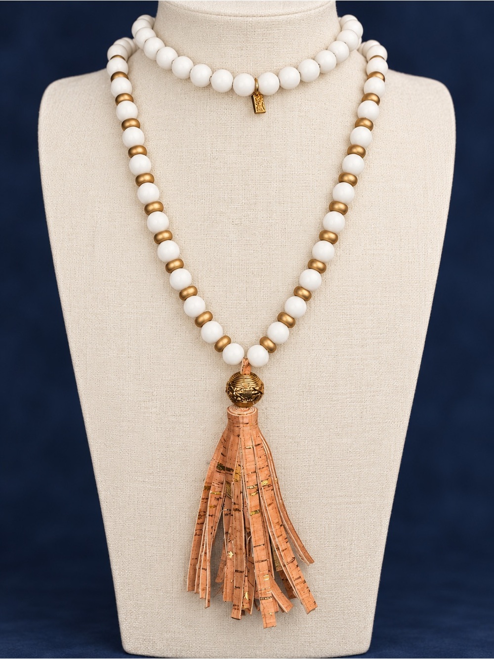 White and Gold Beaded Necklace with Copper Tassel - Michelle McDowell